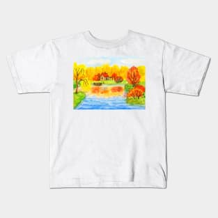 Autumn landscape with house  on lake Kids T-Shirt